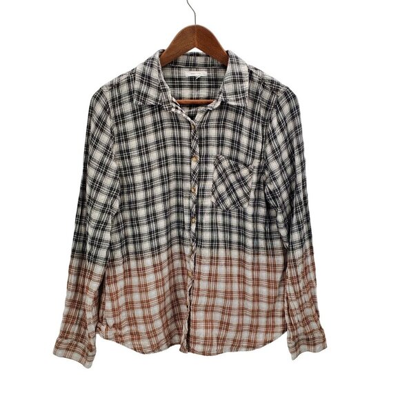Maurices Long Sleeve Button Up Plaid Flannel Shirt Size M Ombre Bleach Dipped - Picture 1 of 14